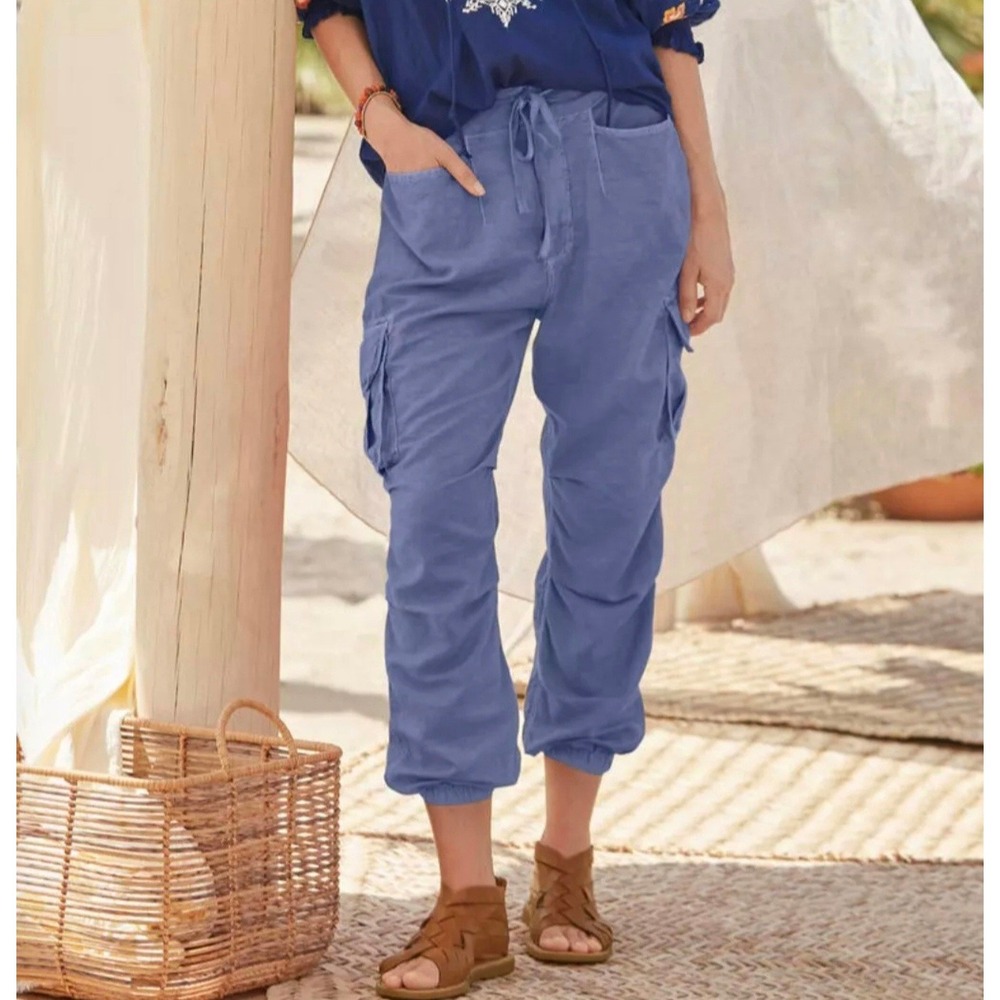Sundance Hansa Linen Cargo Joggers Cropped Belted Boho Sz 14 Blue Baggy Boho